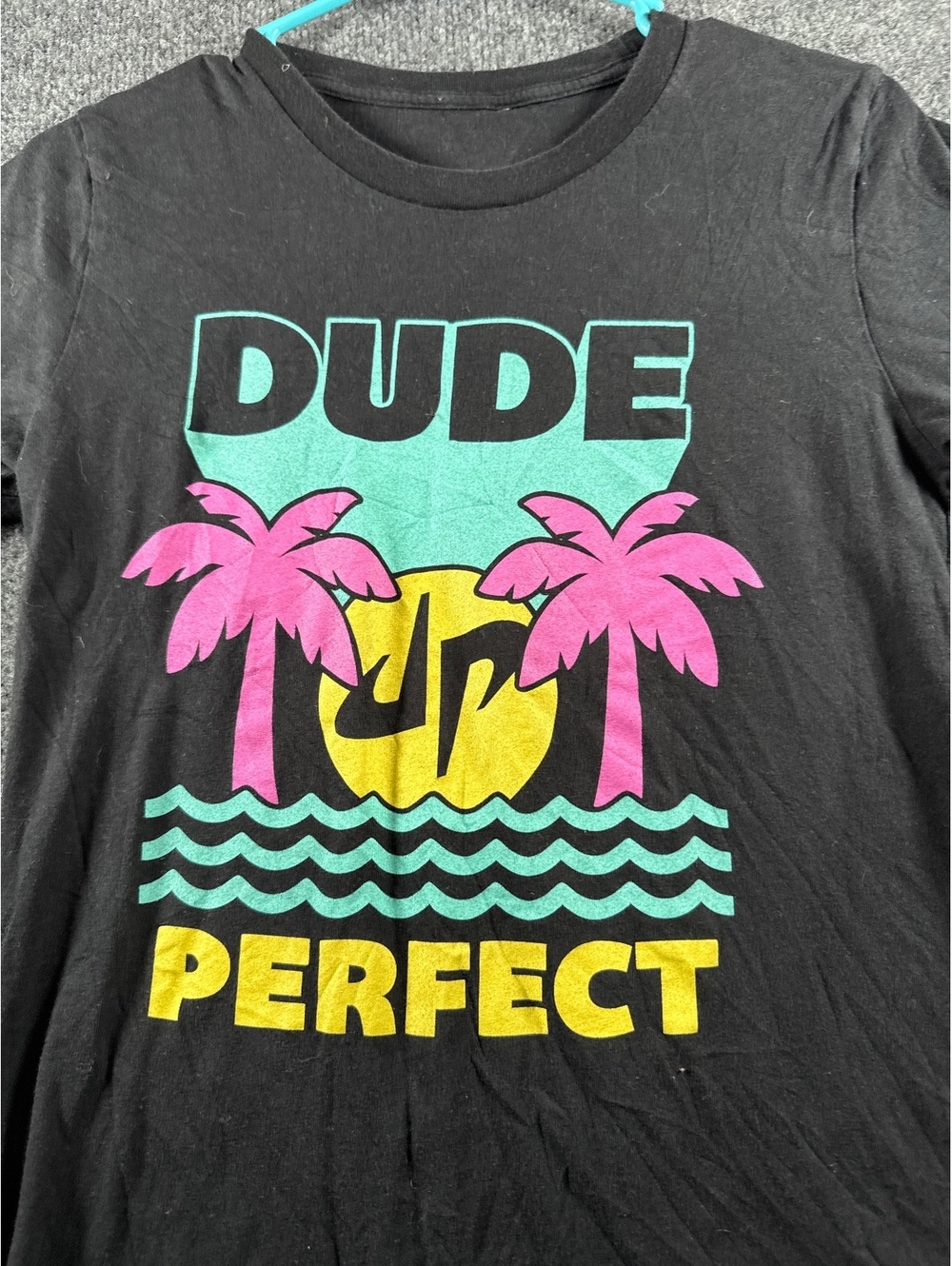 Dude Perfect Mens Black Graphic T Shirt Palm Trees Neon Logo YouTube Tee